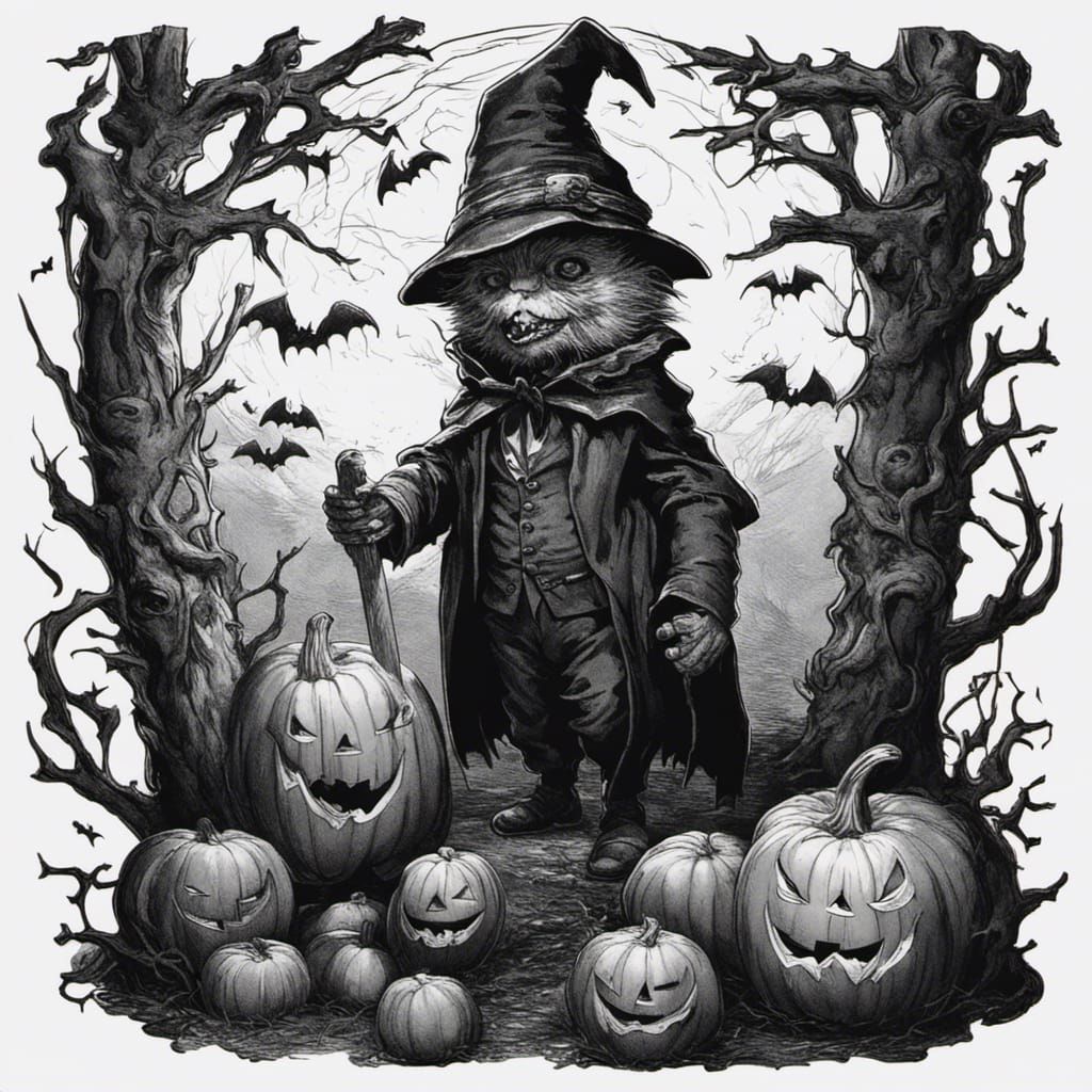 Whimsical Halloween Silhouette in Black and White