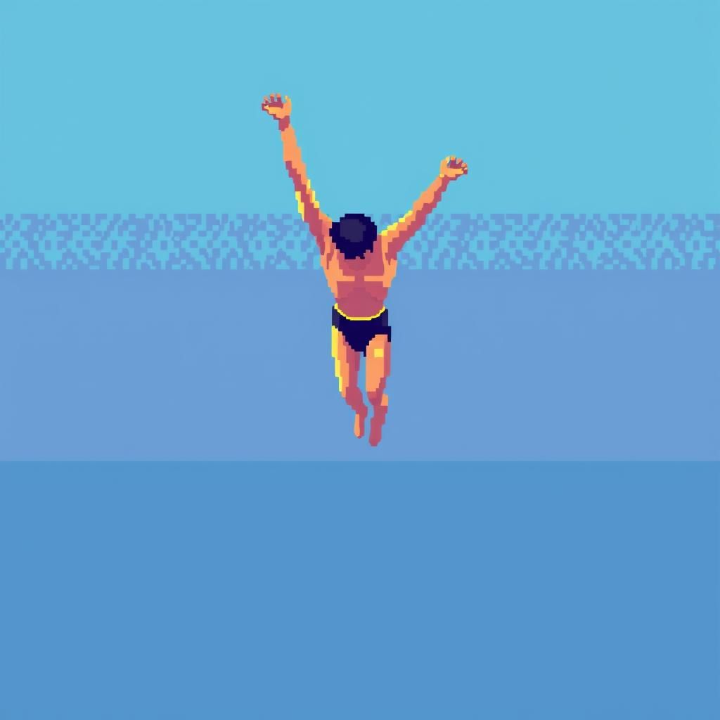 Pixel Art Swimmer in Mid-Air Dive