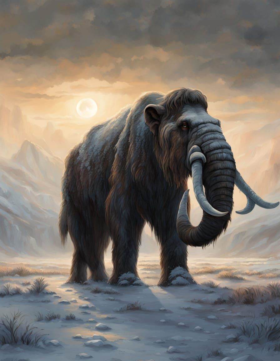 Ethereal Woolly Mammoth Contemplates Ukrainian Steppe in Gol...