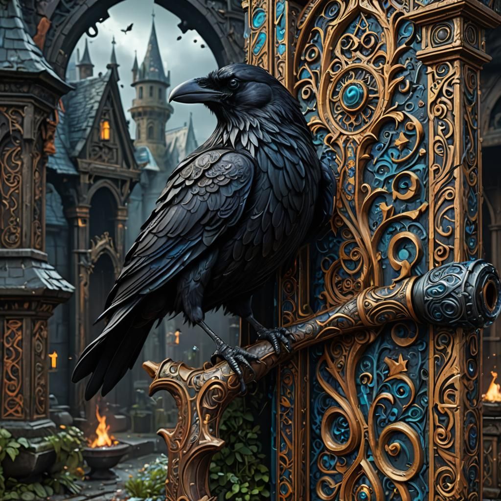 Epic Wizard Raven Concept Art with Intricate Linework and Po...