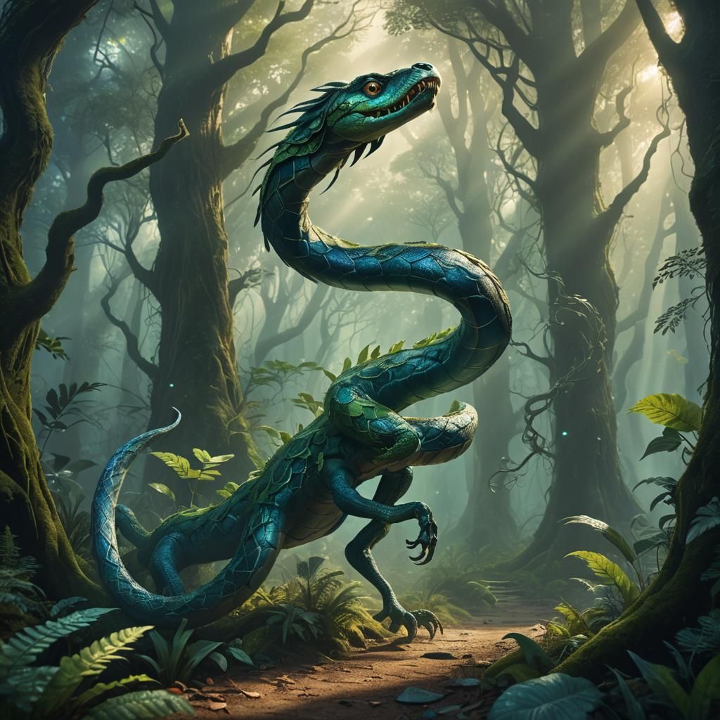 Fantastical Serpent Runs Through Dreamy Forest of Emerald an...