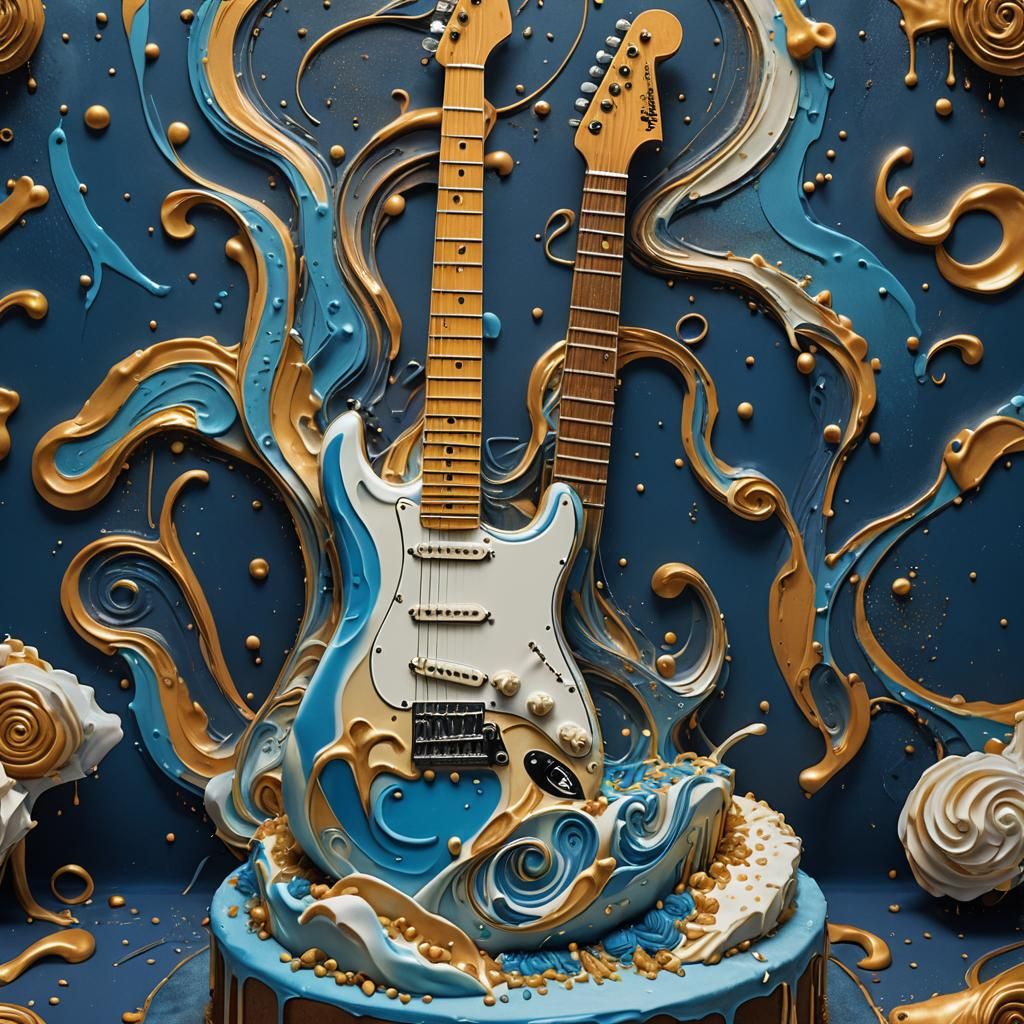 Vibrant Fantasy Stratocaster Cake Illuminates Deep Blue Back...
