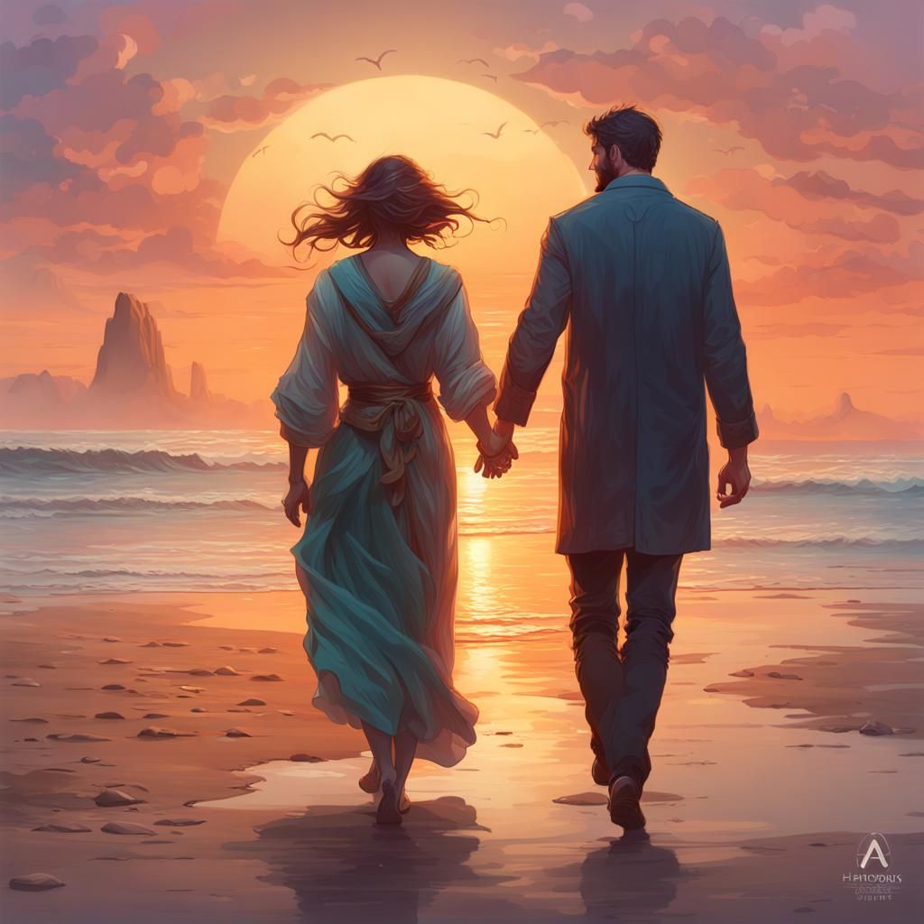 Couple Holding Hands Under a Vibrant Sunset on the Beach