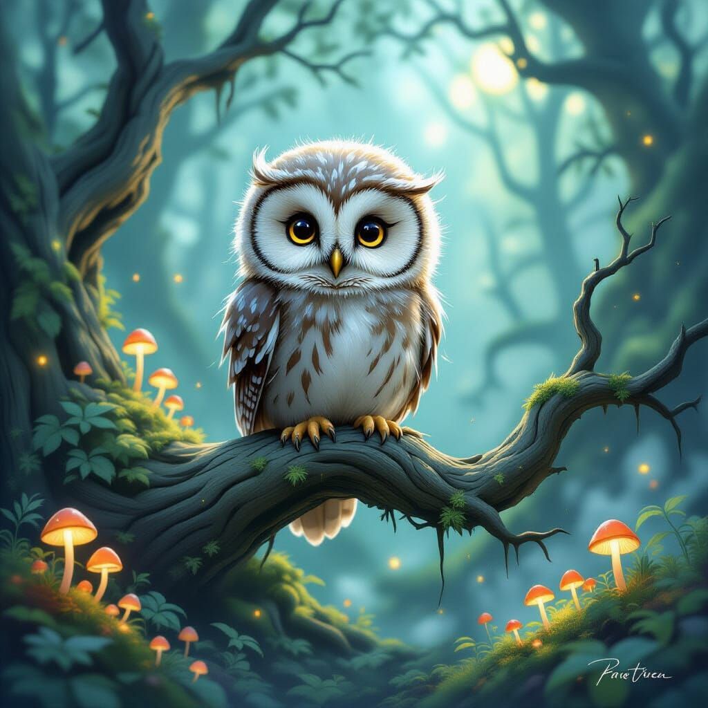 Fluffy Owl on Ancient Branch Amidst Ethereal Mist