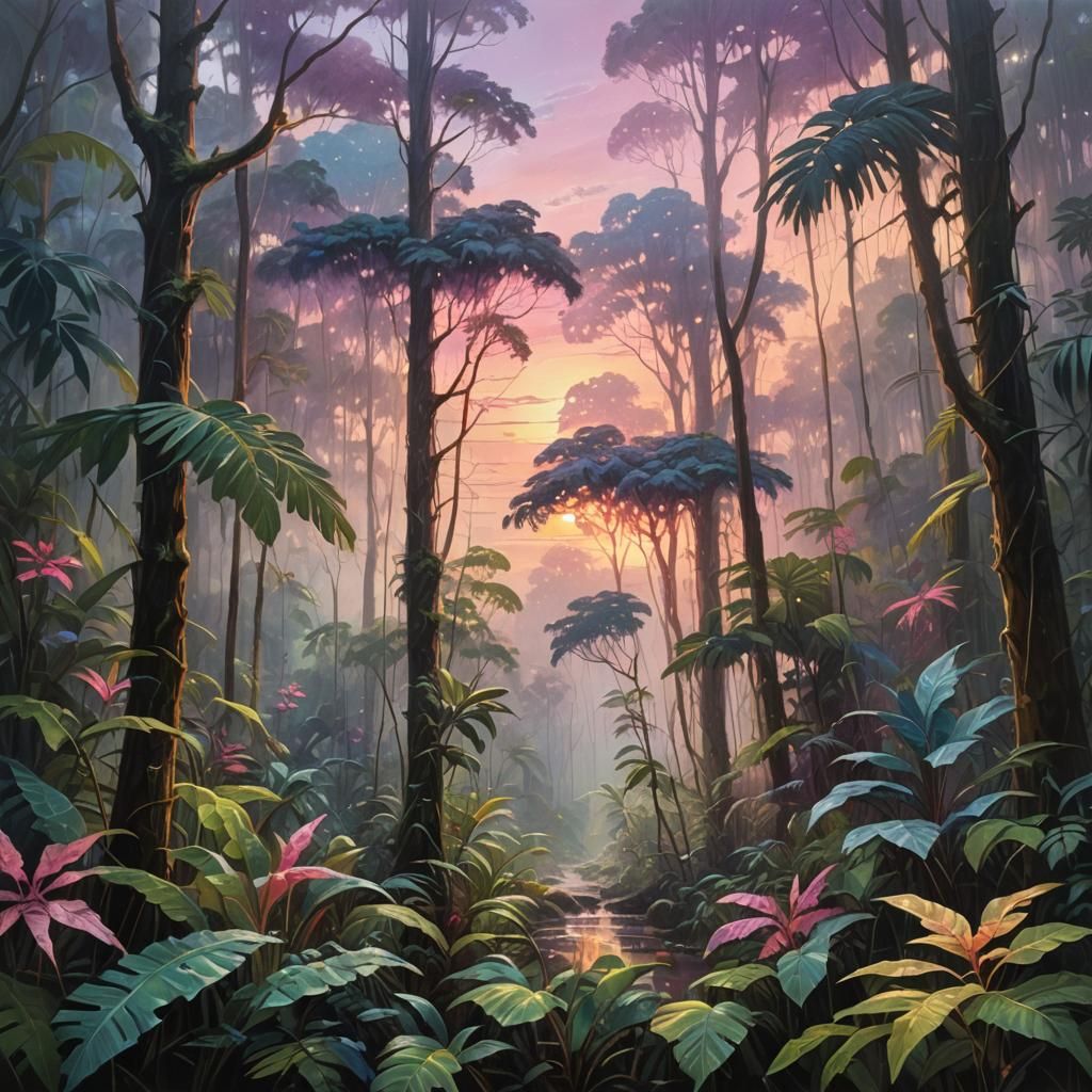 Vibrant Tropical Rainforest Sunset in Oil Painting Style