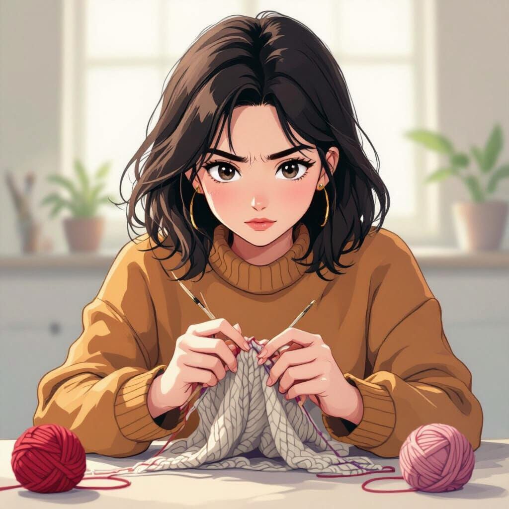 Energetic Woman Knitting in Expressive Sketch Style