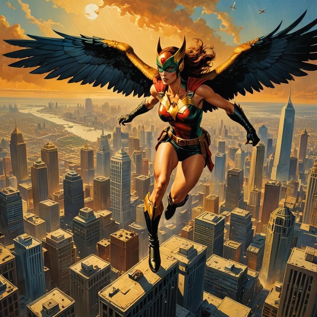 Hawkgirl Soars Over City in Golden Hour