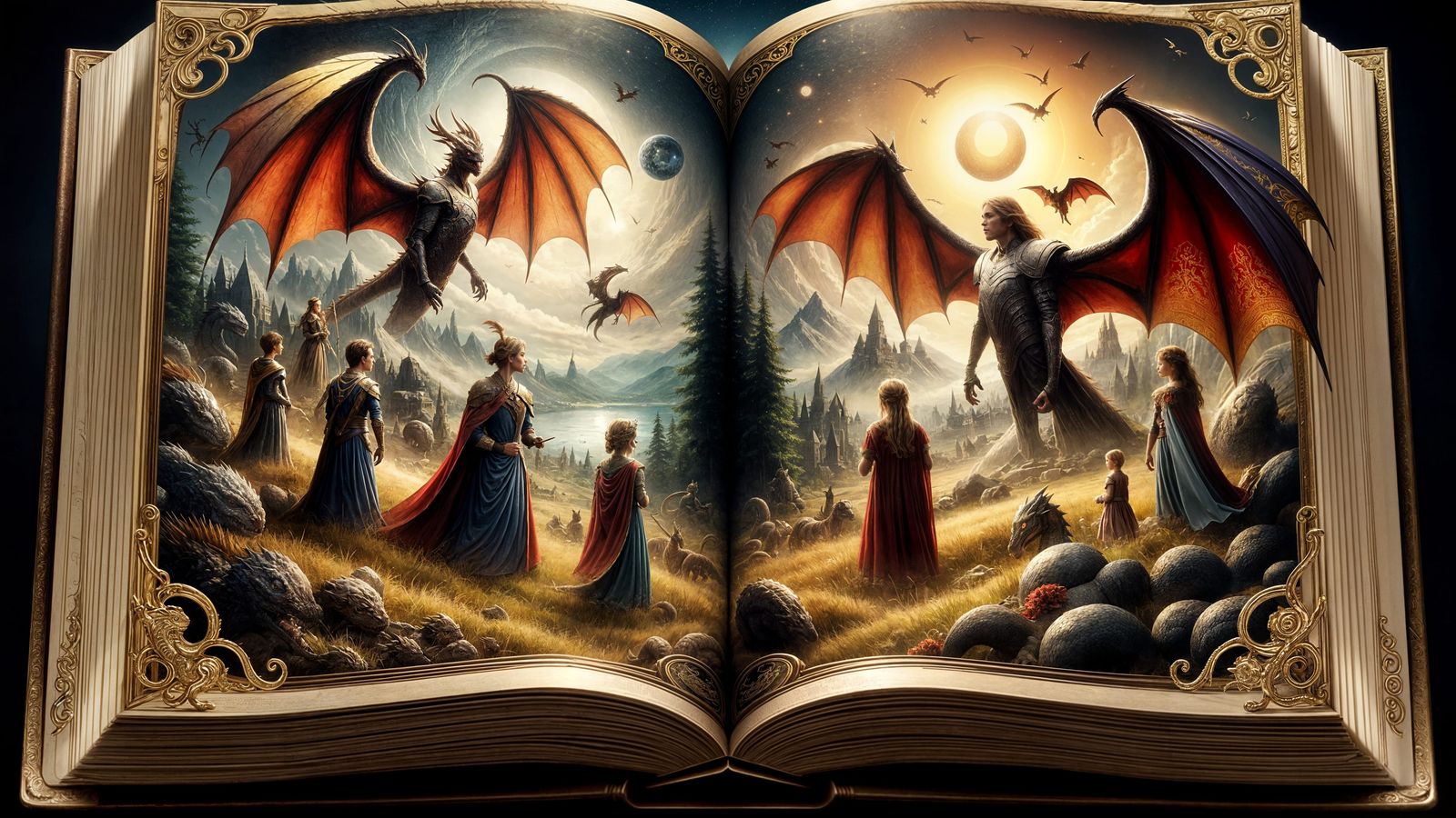 Epic Fantasy Book Cover with Dragons and Royal Heroes