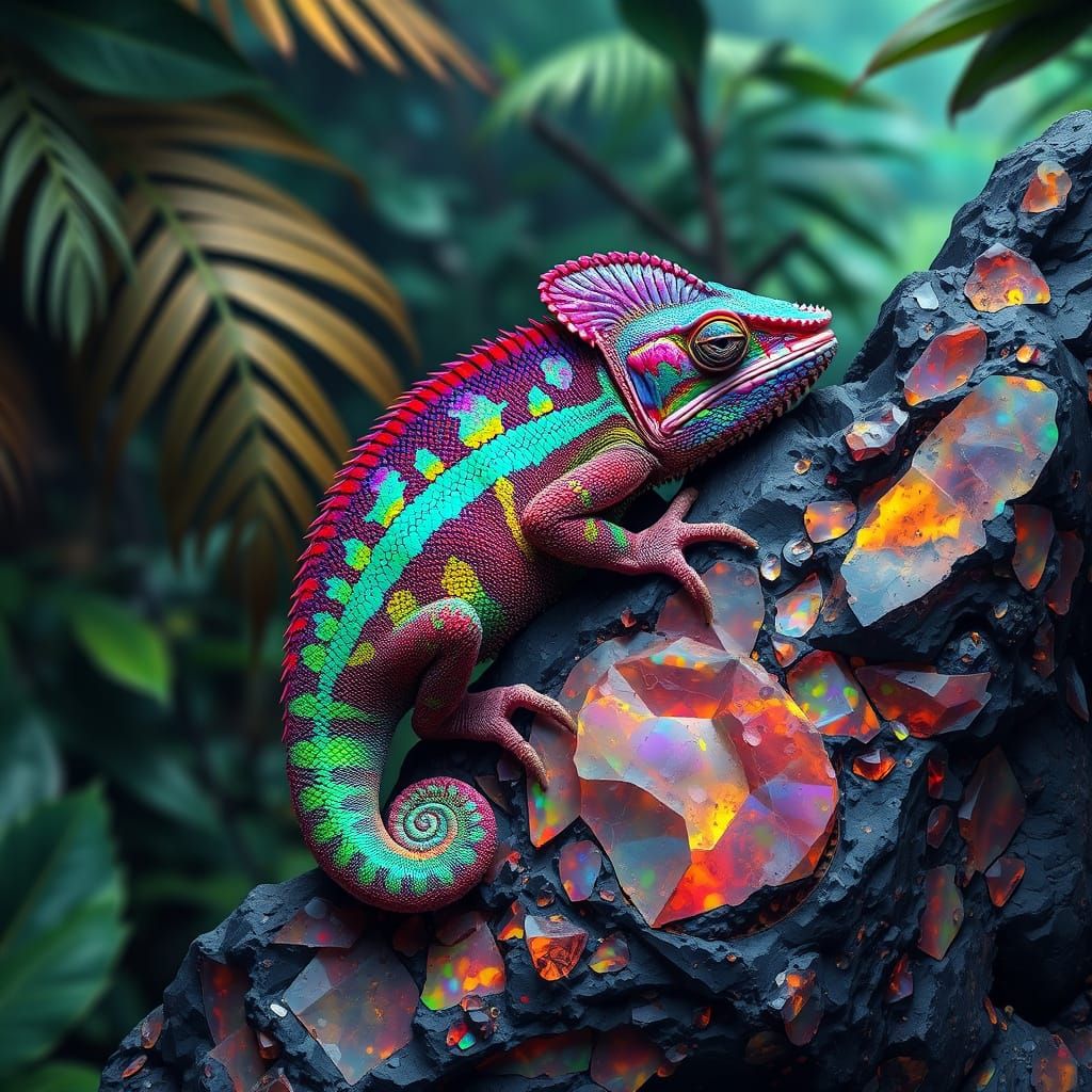 Vibrant Chameleon on Opal Rock, Fractal Patterns in Jungle
