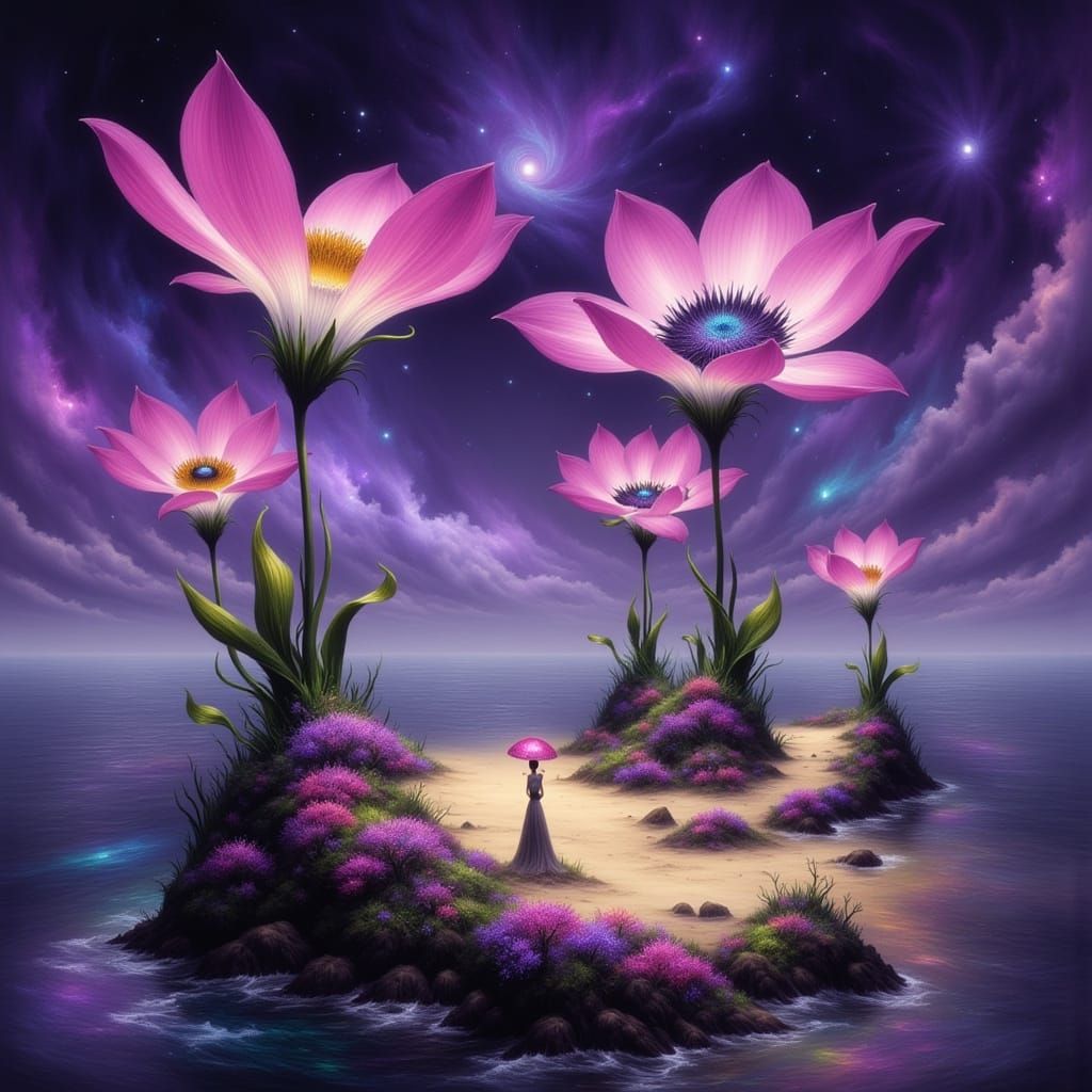 Surreal Tropical Isle with Giant Blooming Eyes