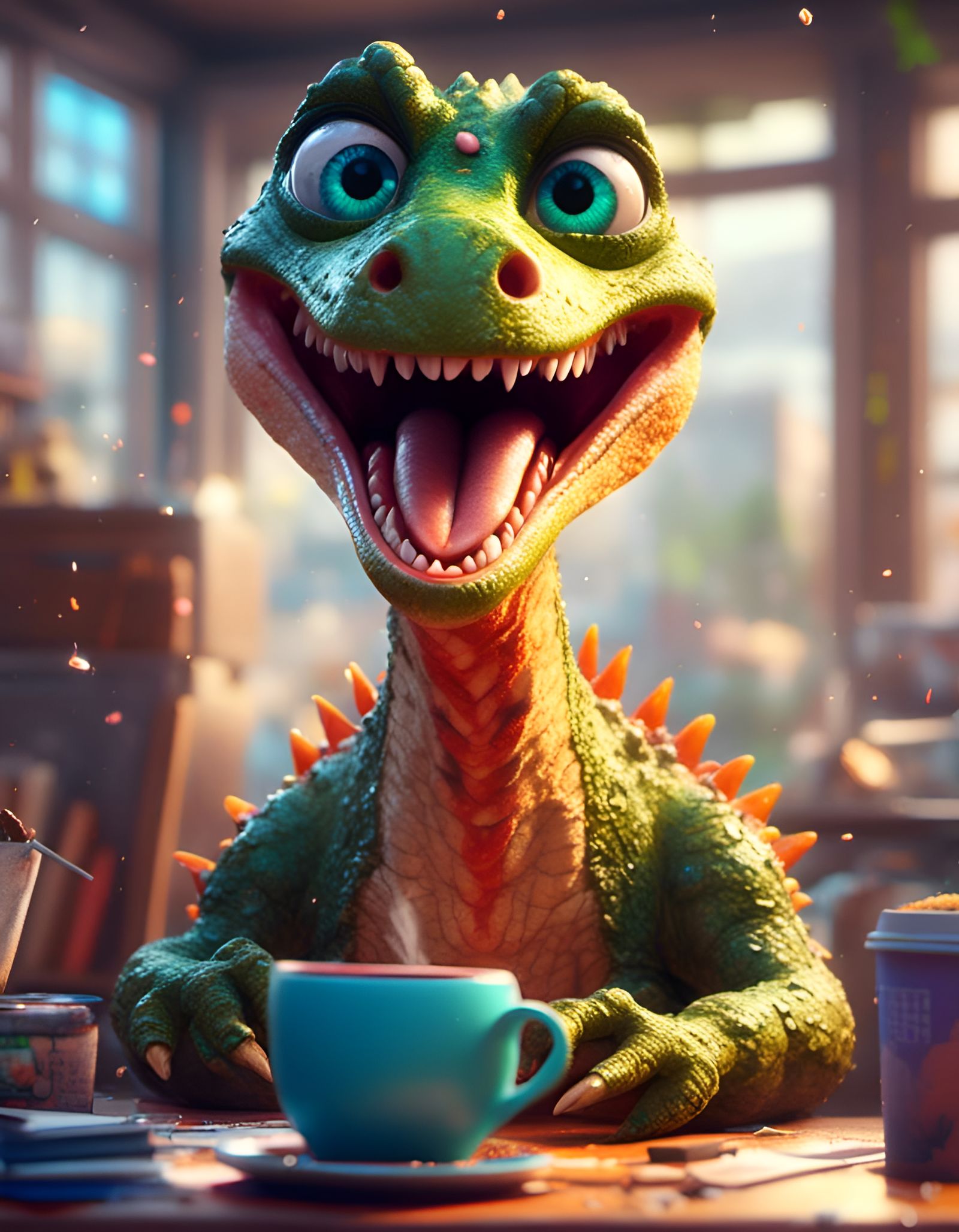 Cute Dinosaur in a Stressful Office Scene with Bright Backgr...