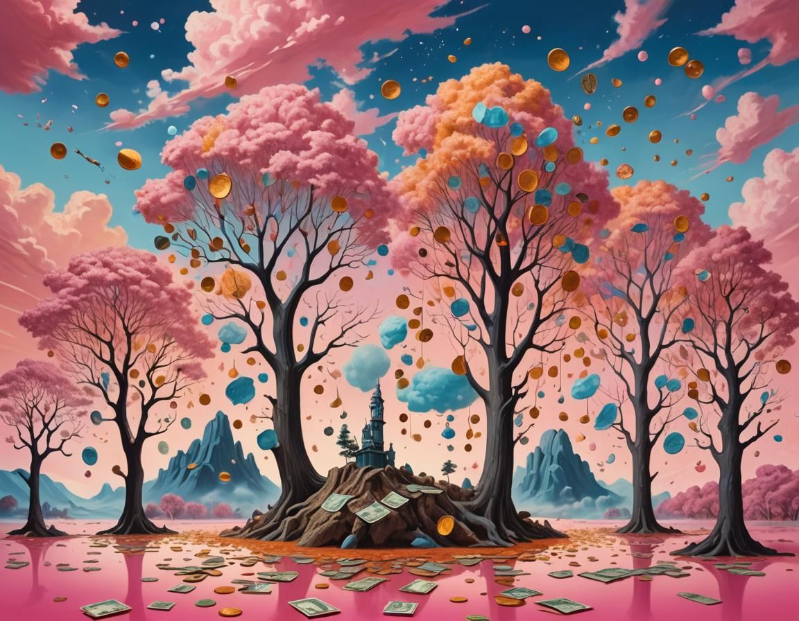 Surreal Whimsy: A Pink Skied Space Island with Floating Mone...