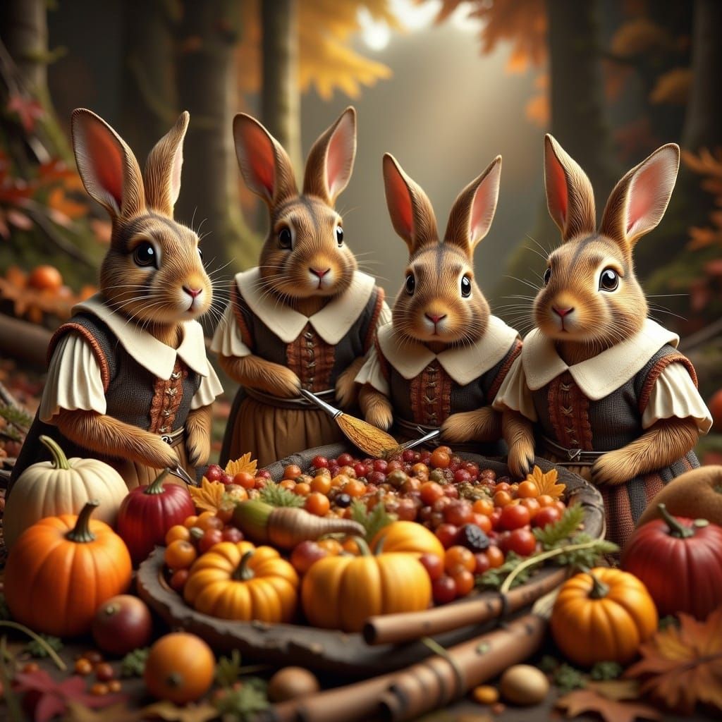 Pilgrim Bunnies Prepare Thanksgiving Feast in Plymouth