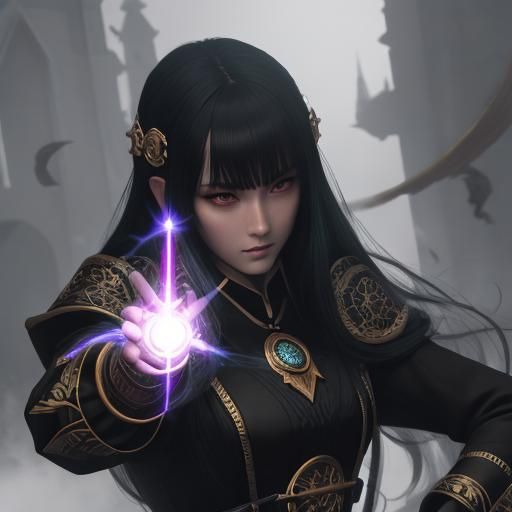 Enigmatic Female Wizard Unleashes Dark Magic in Anime Style
