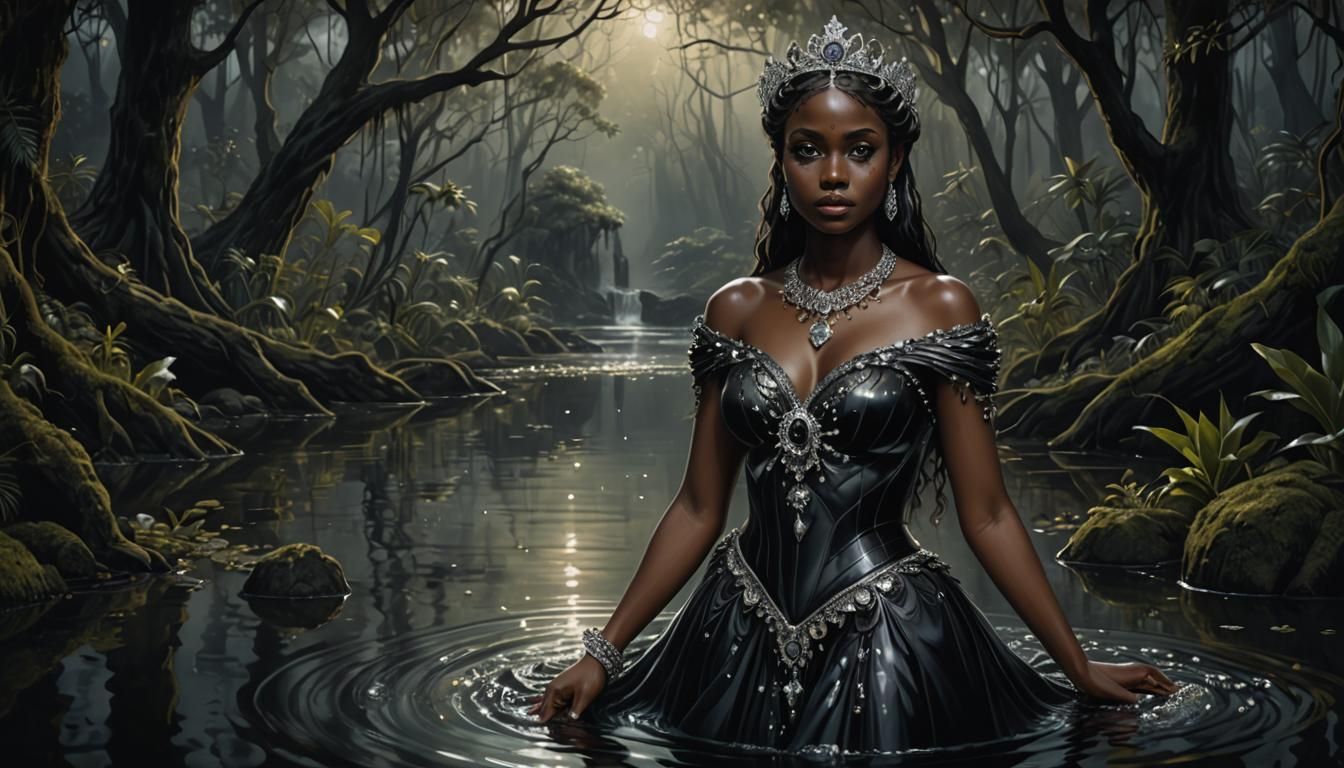 An Ebony woman emerging from a haunted swamp