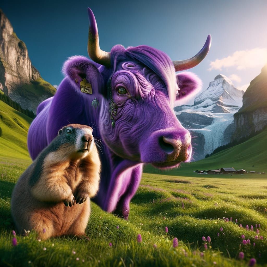 Surreal Purple Cow and Marmot in Swiss Alps