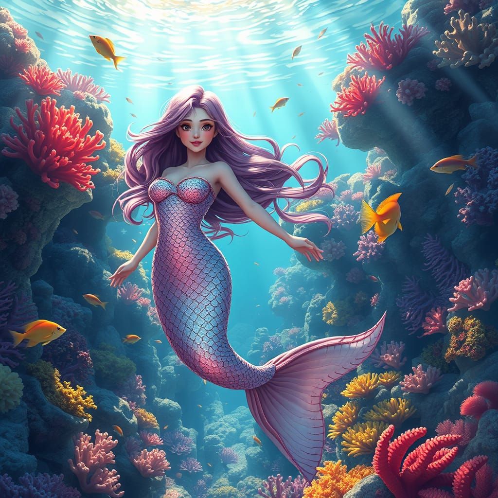 Graceful Mermaid in Vibrant Coral Reef, Digital Art