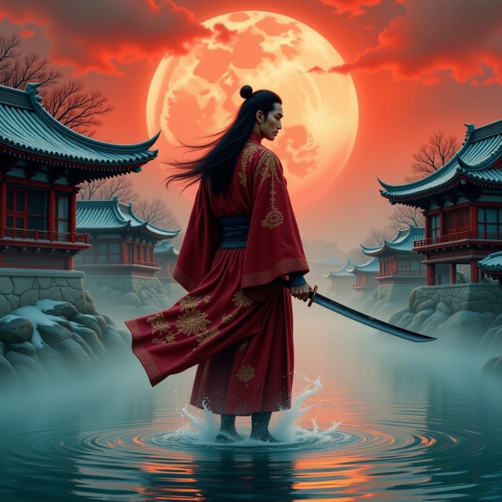 Man in Red Kimono with Katana in Misty Landscape