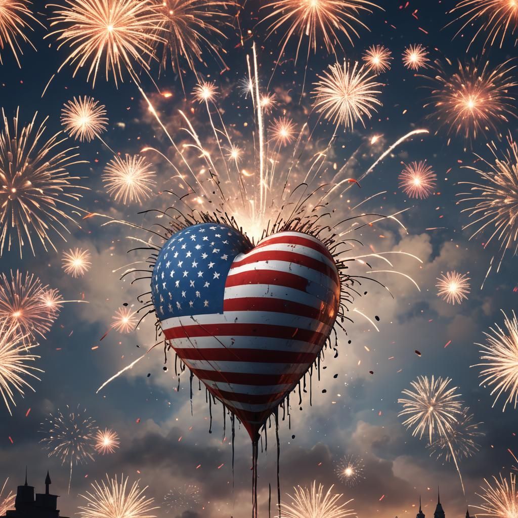 Vibrant U.S. Flag Heart Unfolds Amidst Fiery Celebration