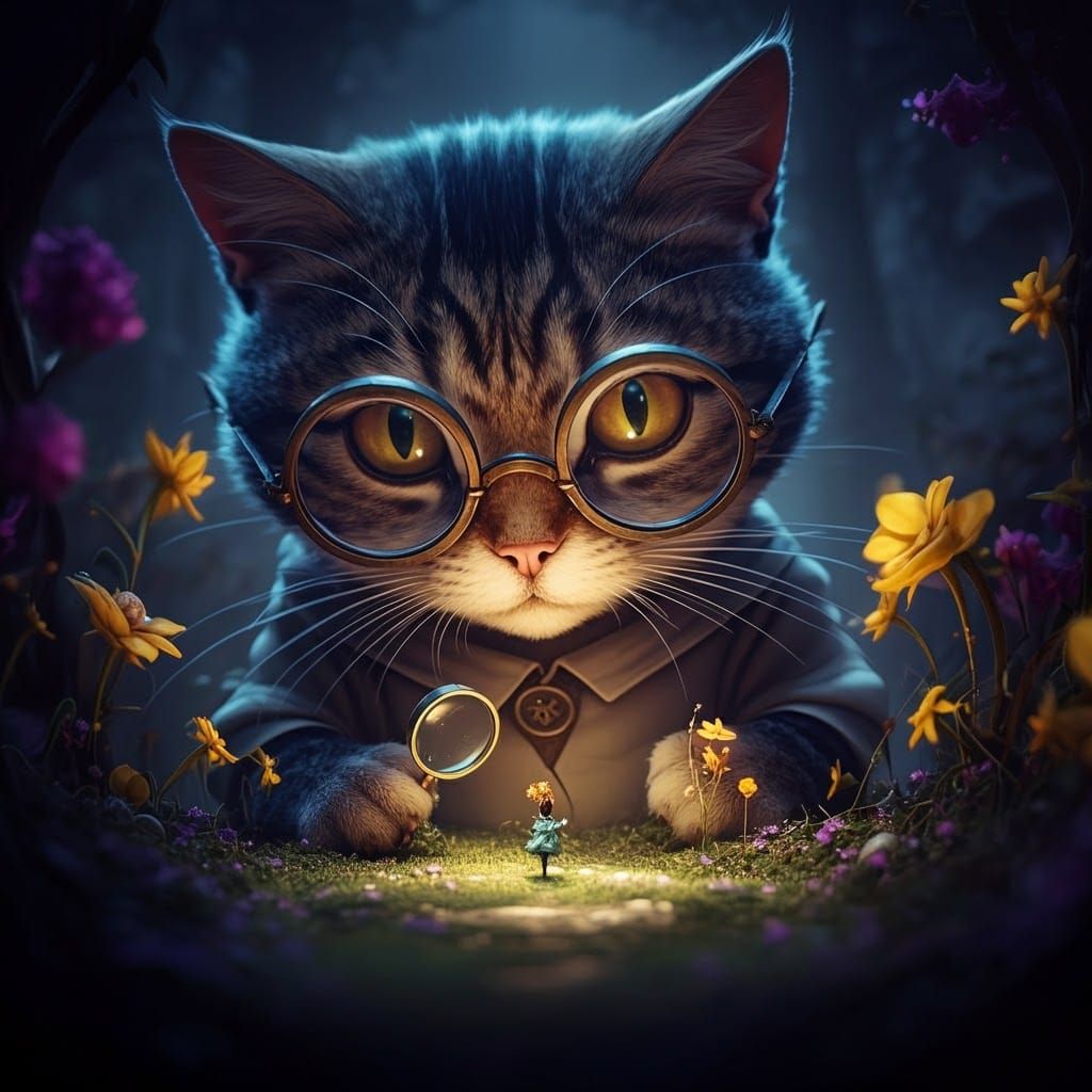 Surreal Cat Investigates Whimsical Floral Wonderland in Dark...