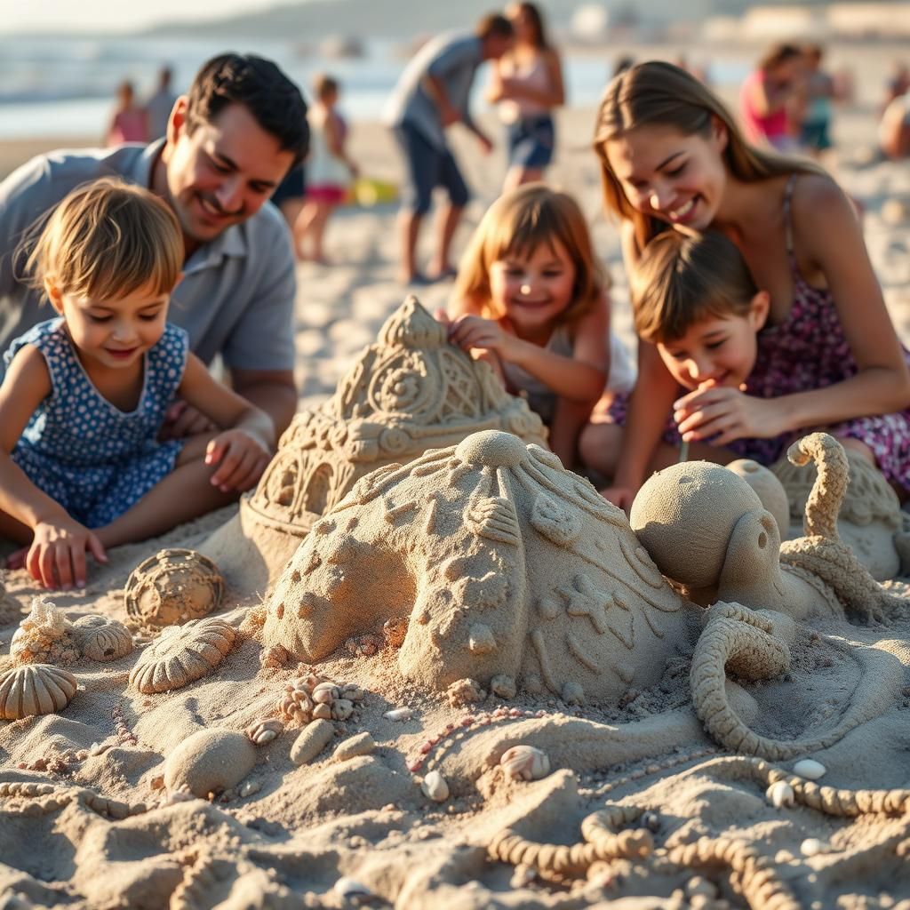 Joyful Families Craft Unique Sand Sculptures on the Beach