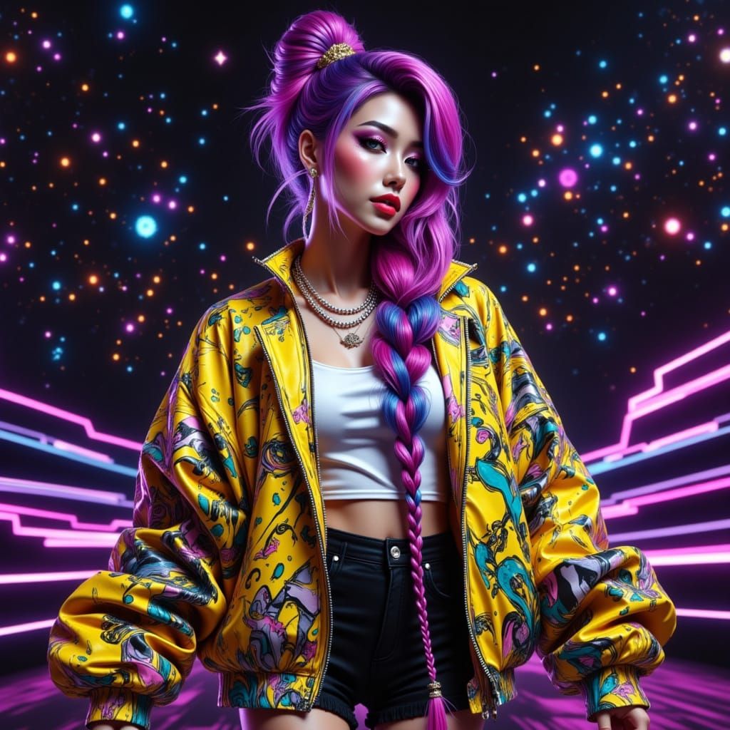Cyberpunk Pop Star with Neon Hair on Cosmic Stage