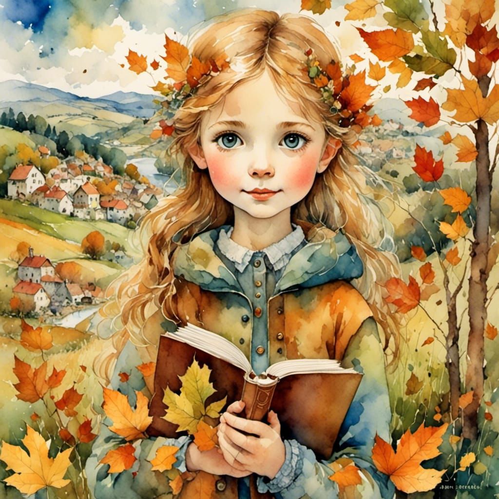 Abstract Girl Amidst Fall Leaves in Whimsical Cottage Scene