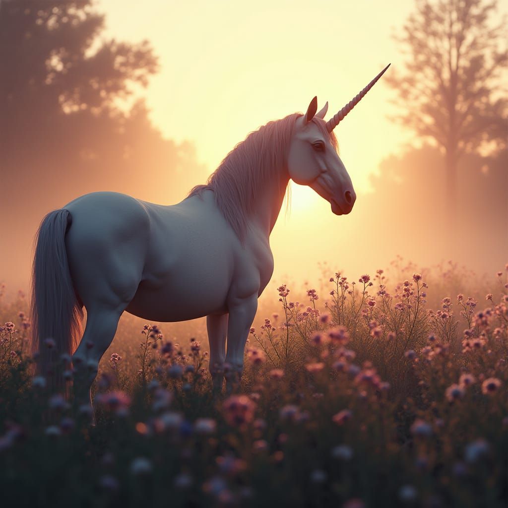 Unicorn Silhouette in Foggy Meadow, Dark Fantasy Style