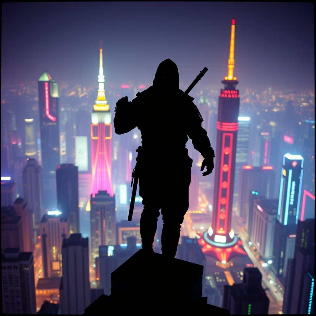 Ninja in Cyberpunk Cityscape at Night