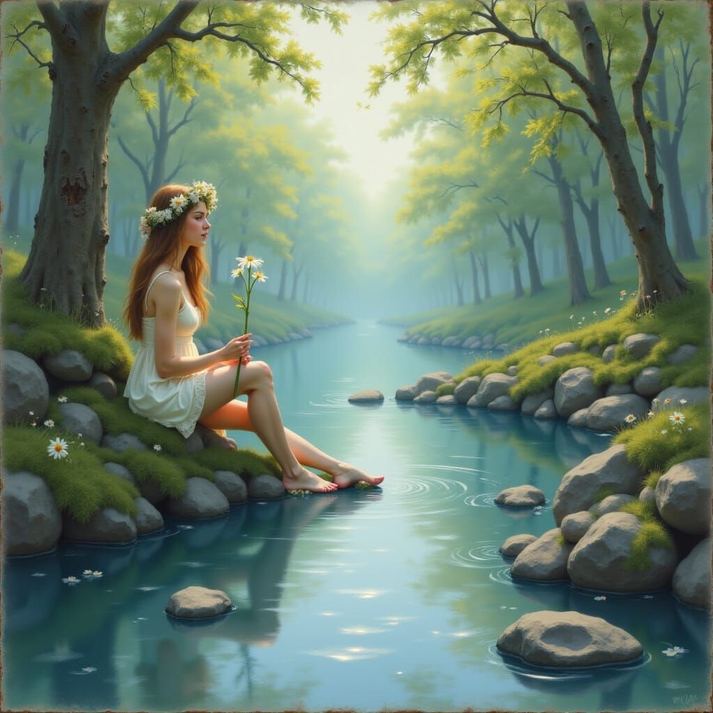 Woman Gazing at Dreamy River Landscape in Ethereal Impressio...