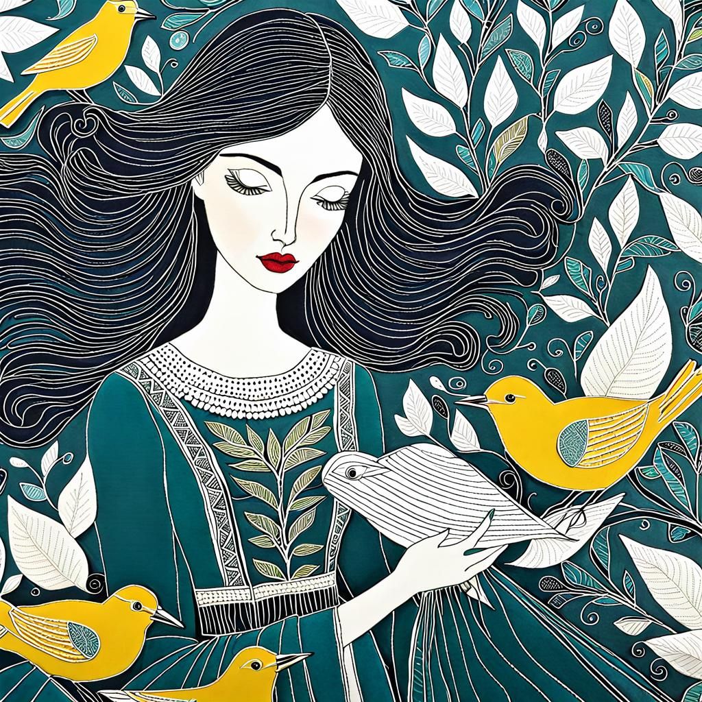 Surreal Whimsical Textile Art of Girls with Birds