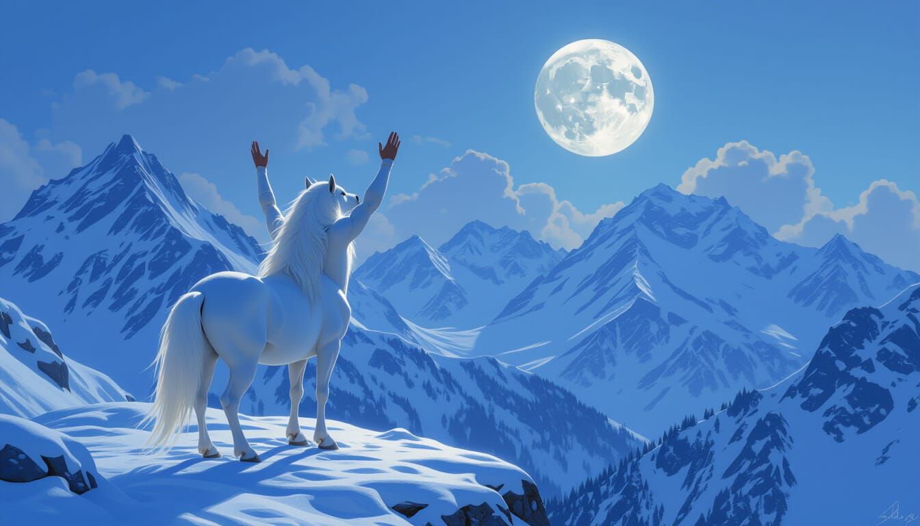 Centaur Gazing at Moon on Snowy Mountain Peak