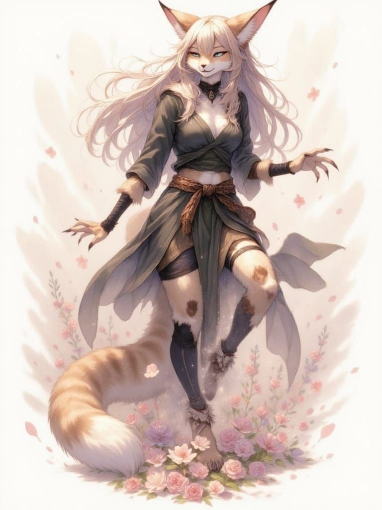 Anthropomorphic Caracal in Cherry Blossom Dojo