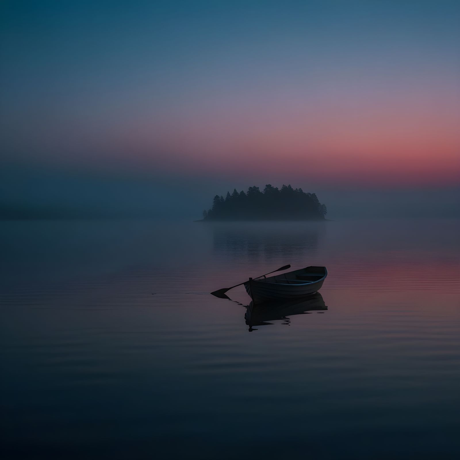 Solitary Rowboat on Foggy Lake at Twilight