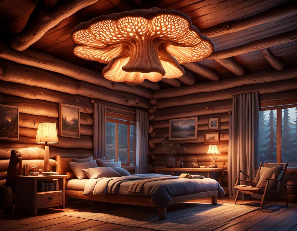 Mushroom Lamp in Cozy Fantasy Log Cabin