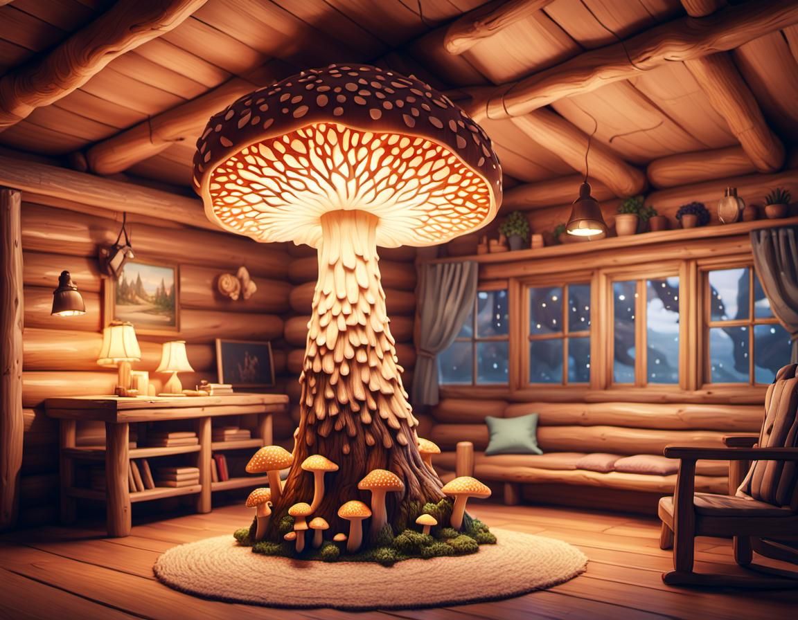 Mushroom Lamp in Cozy Anime Log Cabin