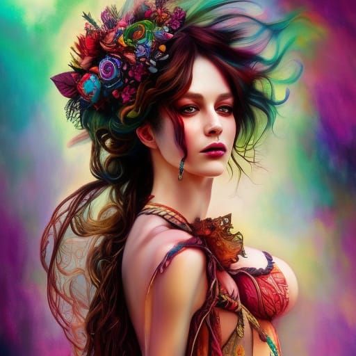 Beautiful Steampunk Girl with Vibrant Hair and Iridescent Fe...