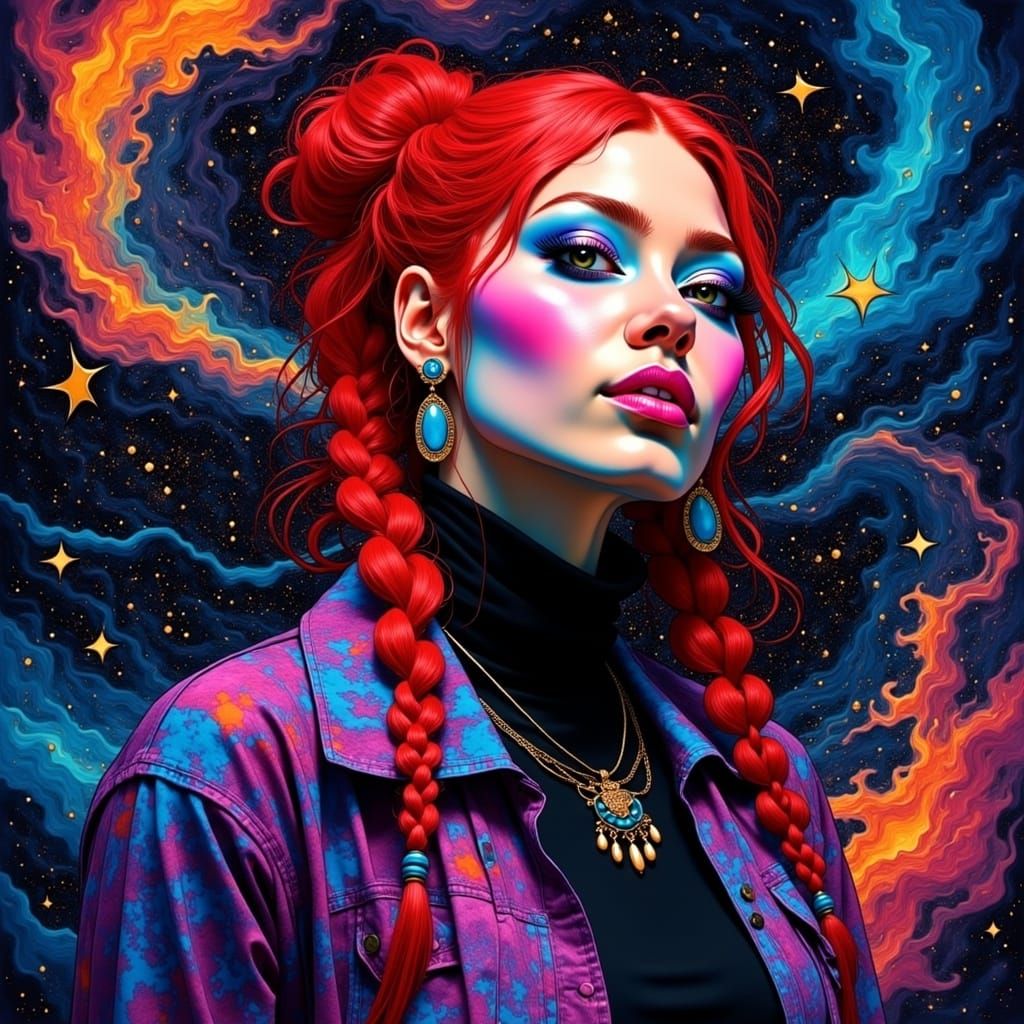 Surrealist Bohemian Goddess in Vibrant Psychedelic Attire