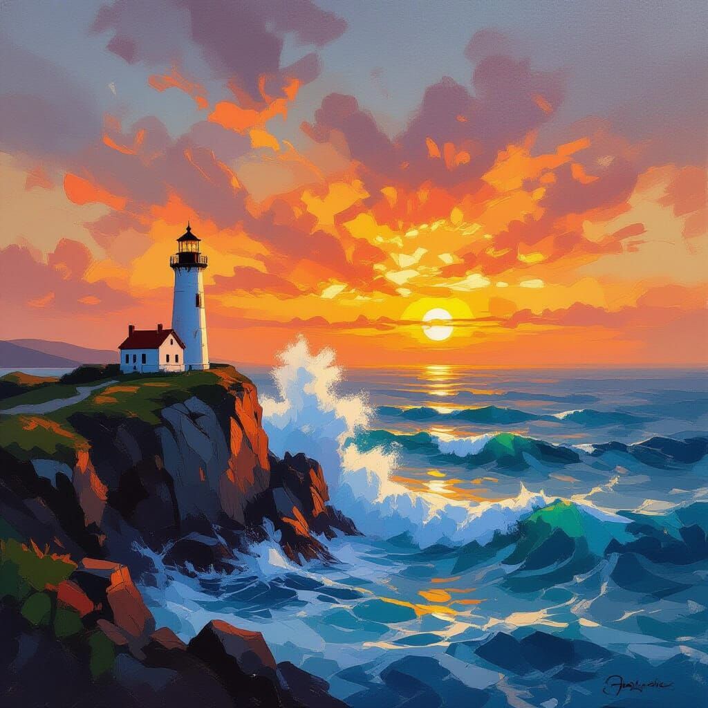 Luminous Seascape: Impressionistic Lighthouse at Sunset