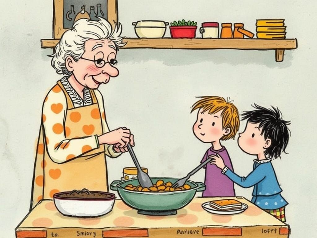 Grandmother's Warm and Cozy Kitchen Scene in Whimsical Style