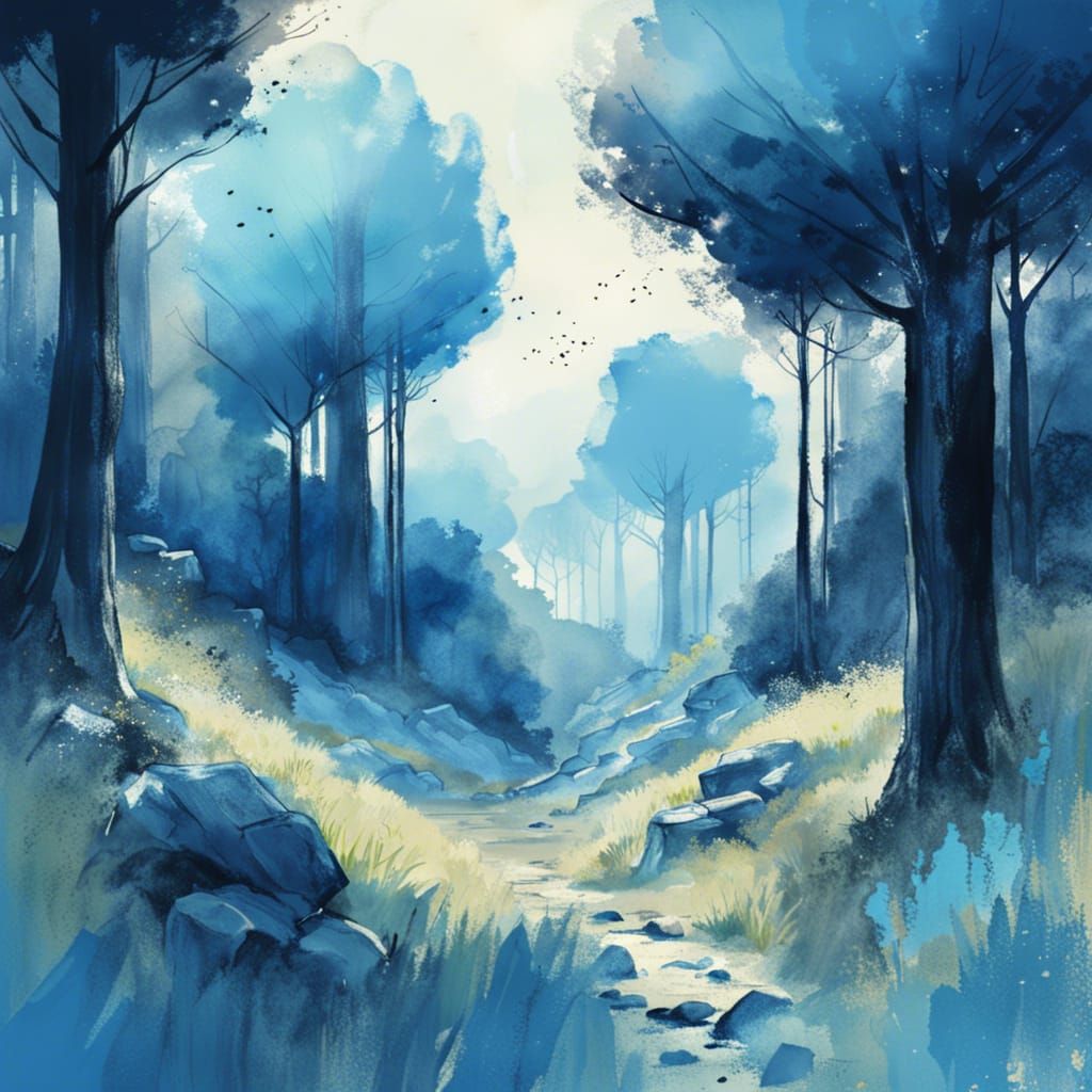 Blue Forest Masterpiece in Dreamy, Whimsical Style