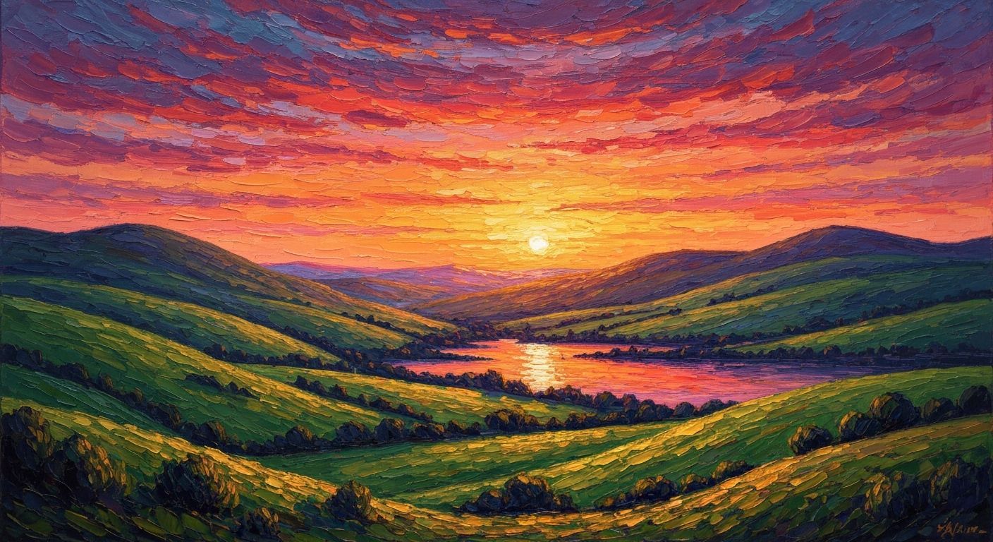 Fiery Sunset Over Green Hills as Impasto Painting