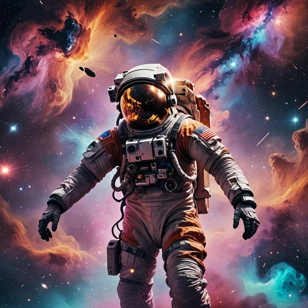 Ethereal Cosmic Drifter in a Vibrant Nebula