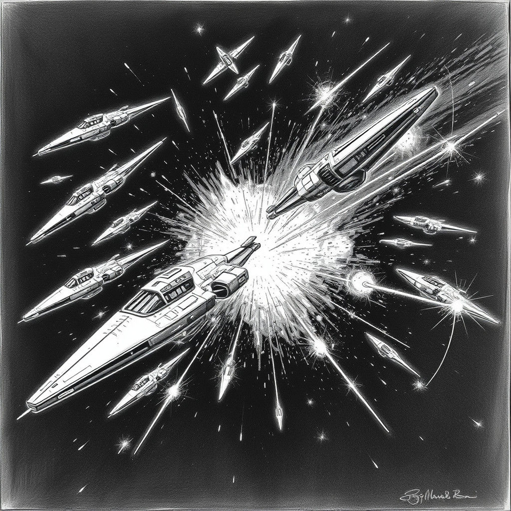 Epic Space Battle in Hyperdetailed Charcoal Style