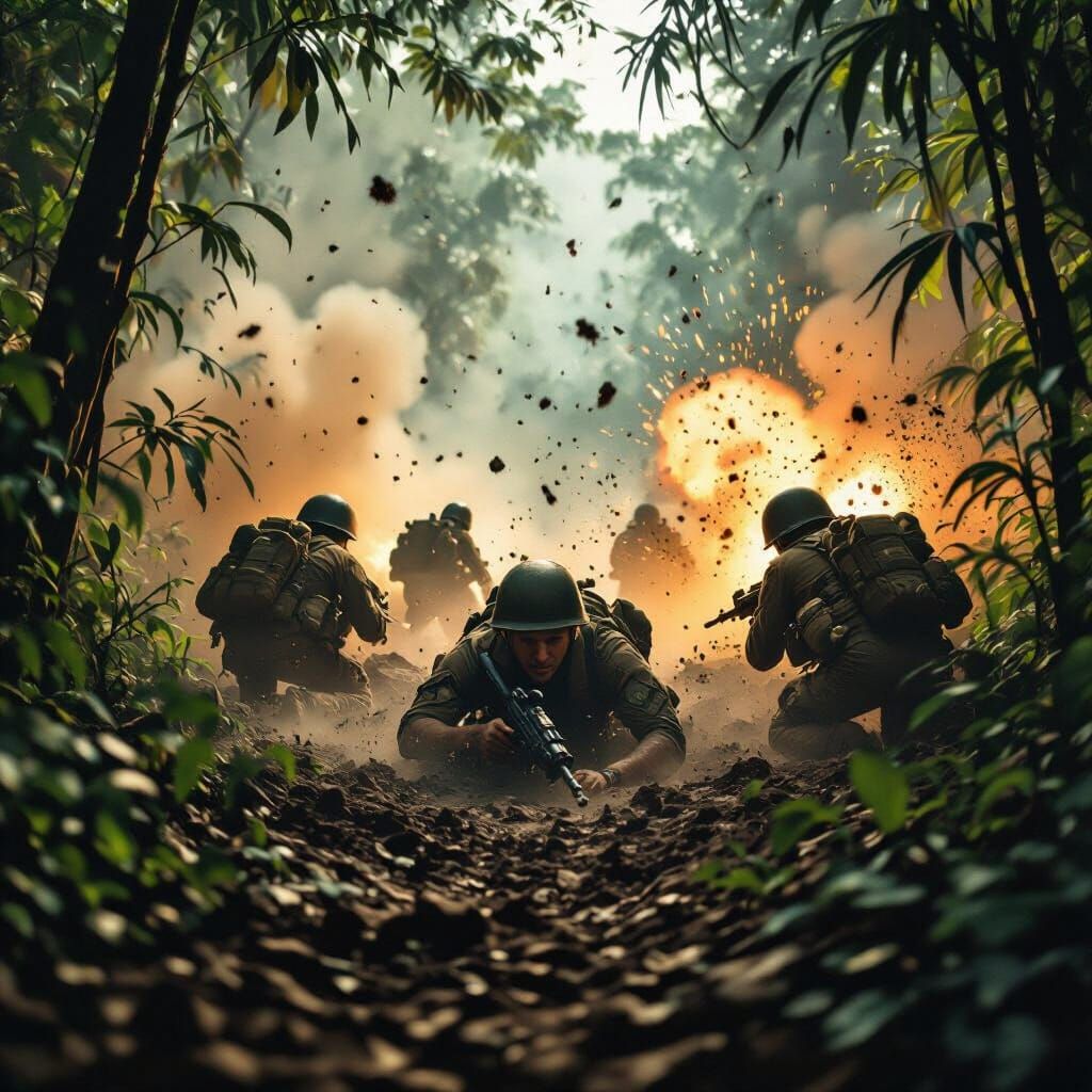 Vietnam War Soldiers in Jungle Amidst Bombings