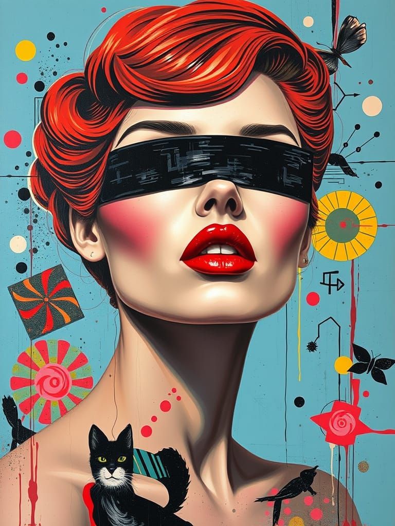 Vibrant Urban Goddess with Red Lips and Vintage Hair