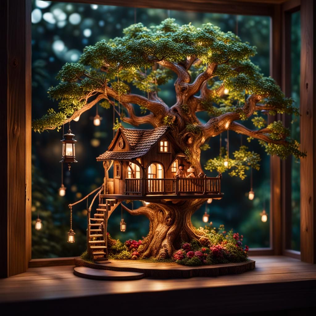 Miniature Tree House Scene in Realistic Details