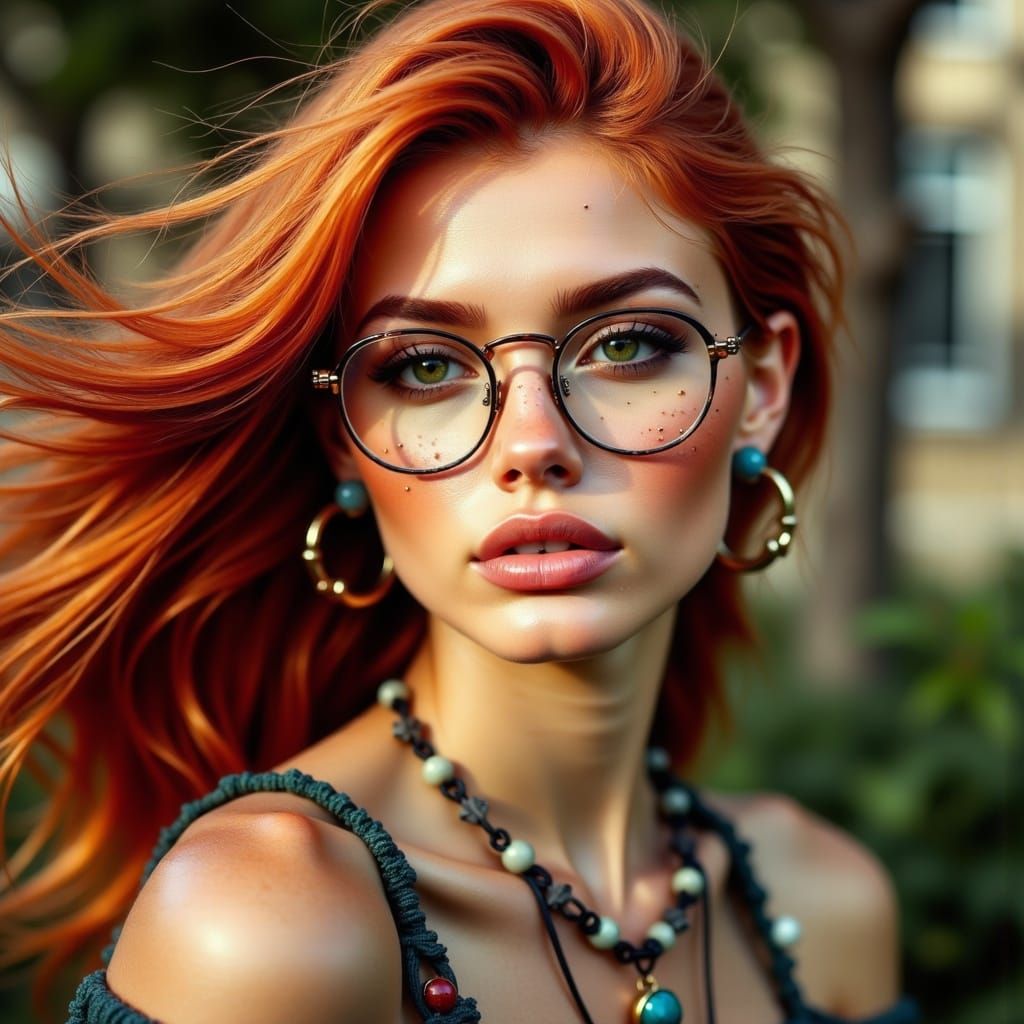 Smiling Redhead with Freckles, Oil and Grunge Style