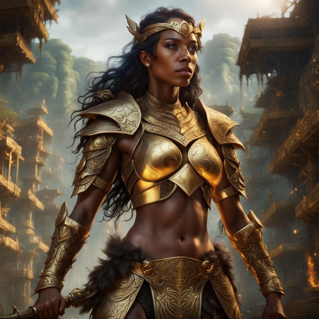 Ethereal Amazonian Goddess in Golden Armor