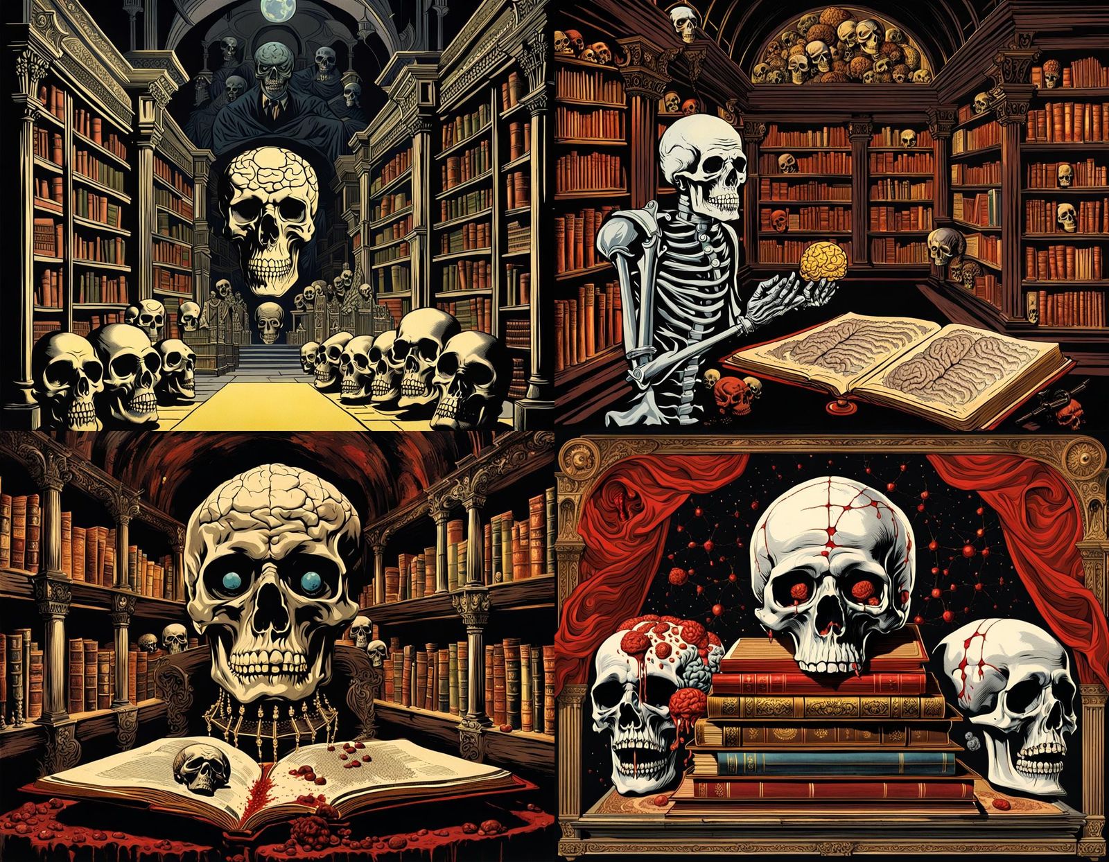 Haunting Ancient Library Scene with Skulls and Brain Particl...